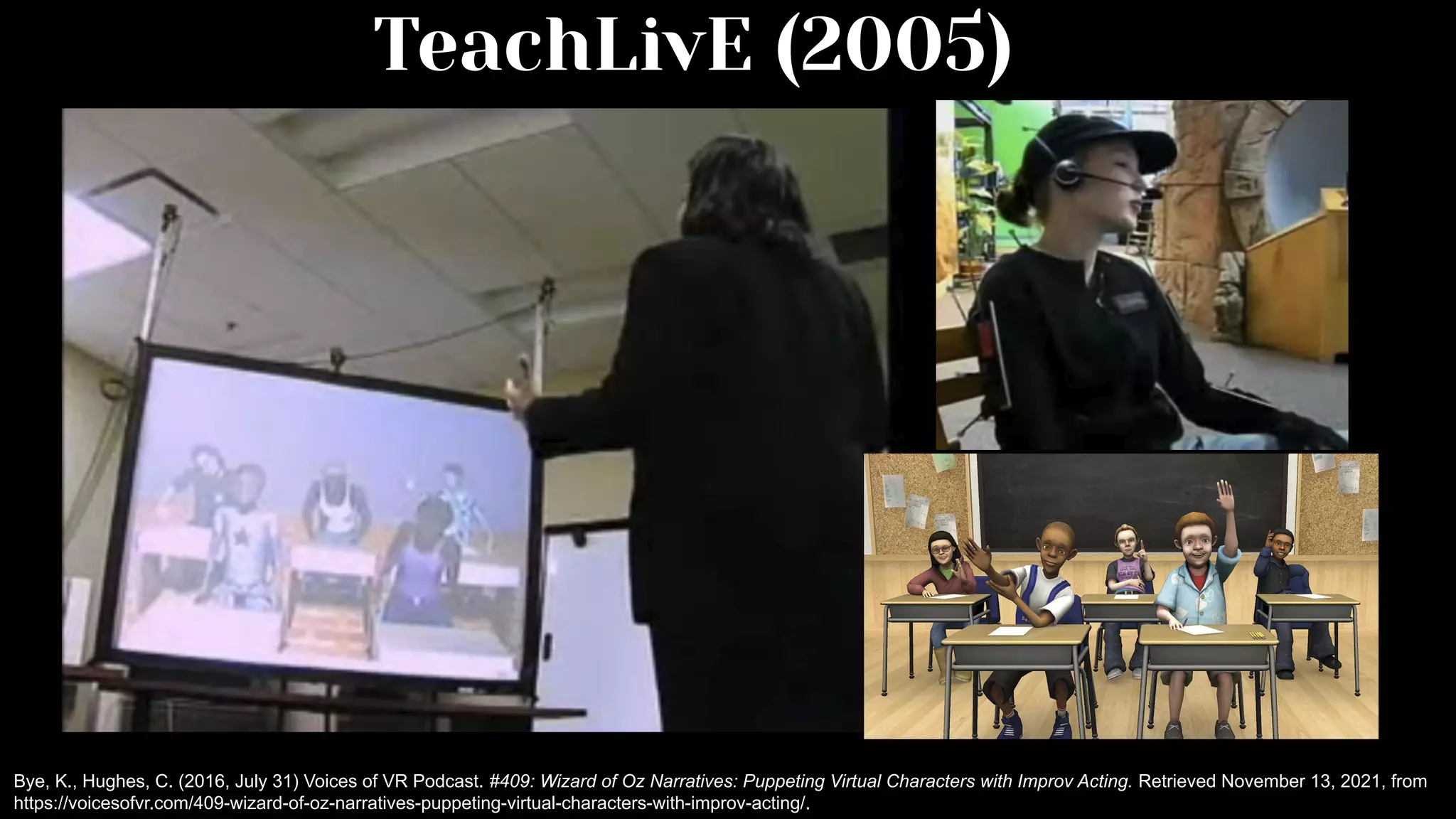 TeachLivE (2005)
Bye, K., Hughes, C. (2016, July 31) Voices of VR Podcast. #409: Wizard of Oz Narratives: Puppeting Virtual Characters with Improv Acting. Retrieved November 13, 2021, from
https://voicesofvr.com/409-wizard-of-oz-narratives-puppeting-virtual-characters-with-improv-acting/.
 