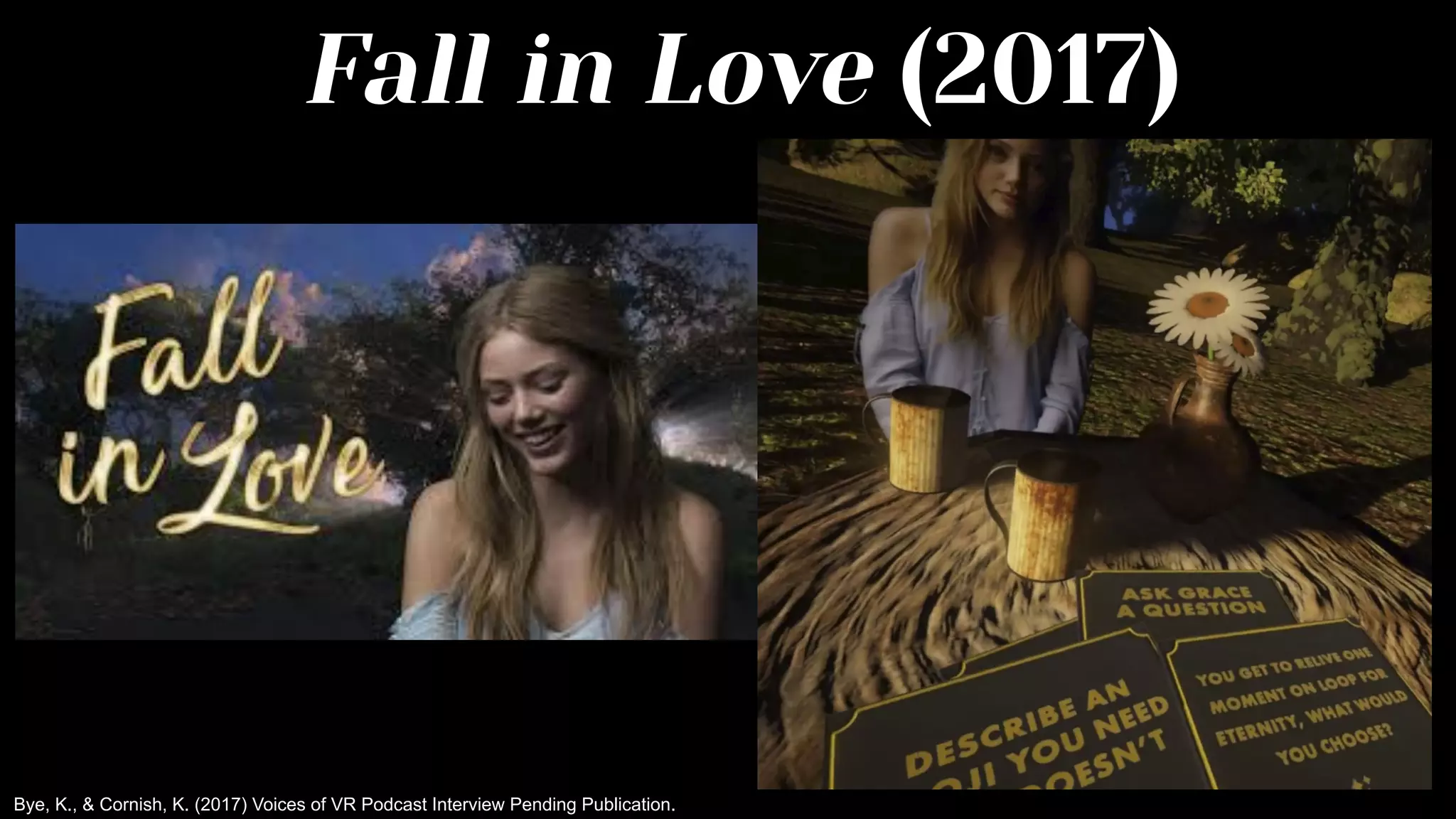 Fall in Love (2017)
Bye, K., & Cornish, K. (2017) Voices of VR Podcast Interview Pending Publication.
 
