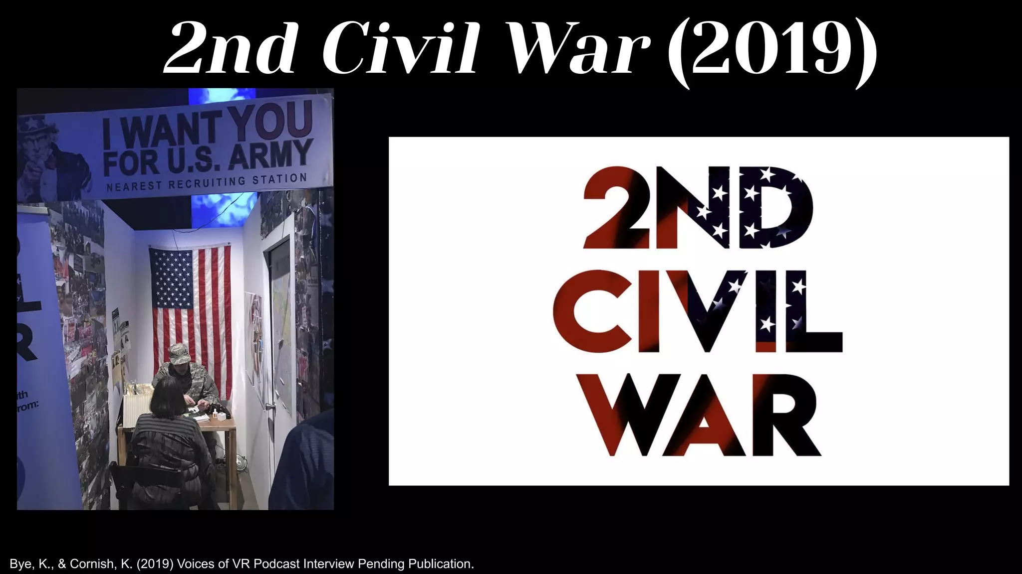 2nd Civil War (2019)
Bye, K., & Cornish, K. (2019) Voices of VR Podcast Interview Pending Publication.
 
