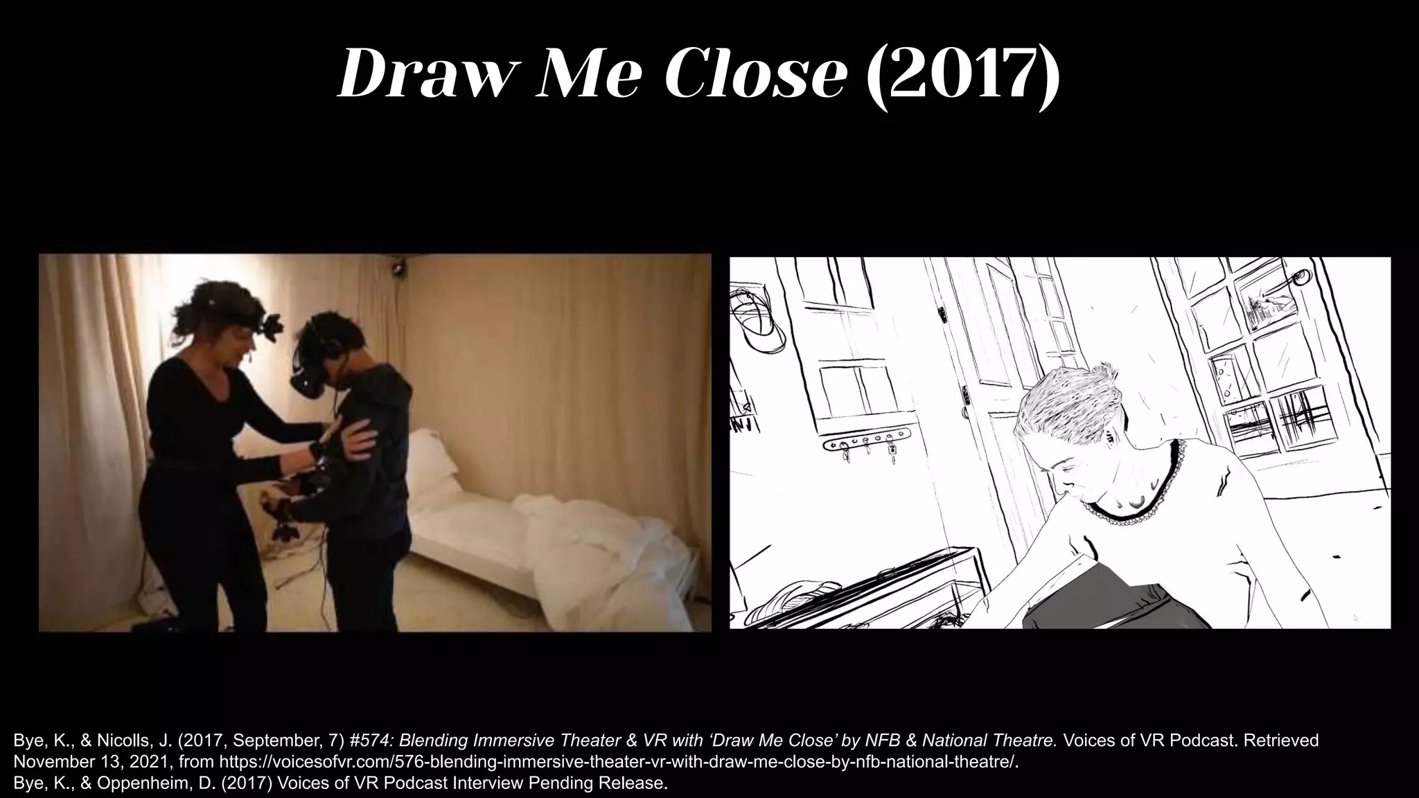 Draw Me Close (2017)
Bye, K., & Nicolls, J. (2017, September, 7) #574: Blending Immersive Theater & VR with ‘Draw Me Close’ by NFB & National Theatre. Voices of VR Podcast. Retrieved
November 13, 2021, from https://voicesofvr.com/576-blending-immersive-theater-vr-with-draw-me-close-by-nfb-national-theatre/.
Bye, K., & Oppenheim, D. (2017) Voices of VR Podcast Interview Pending Release.
 