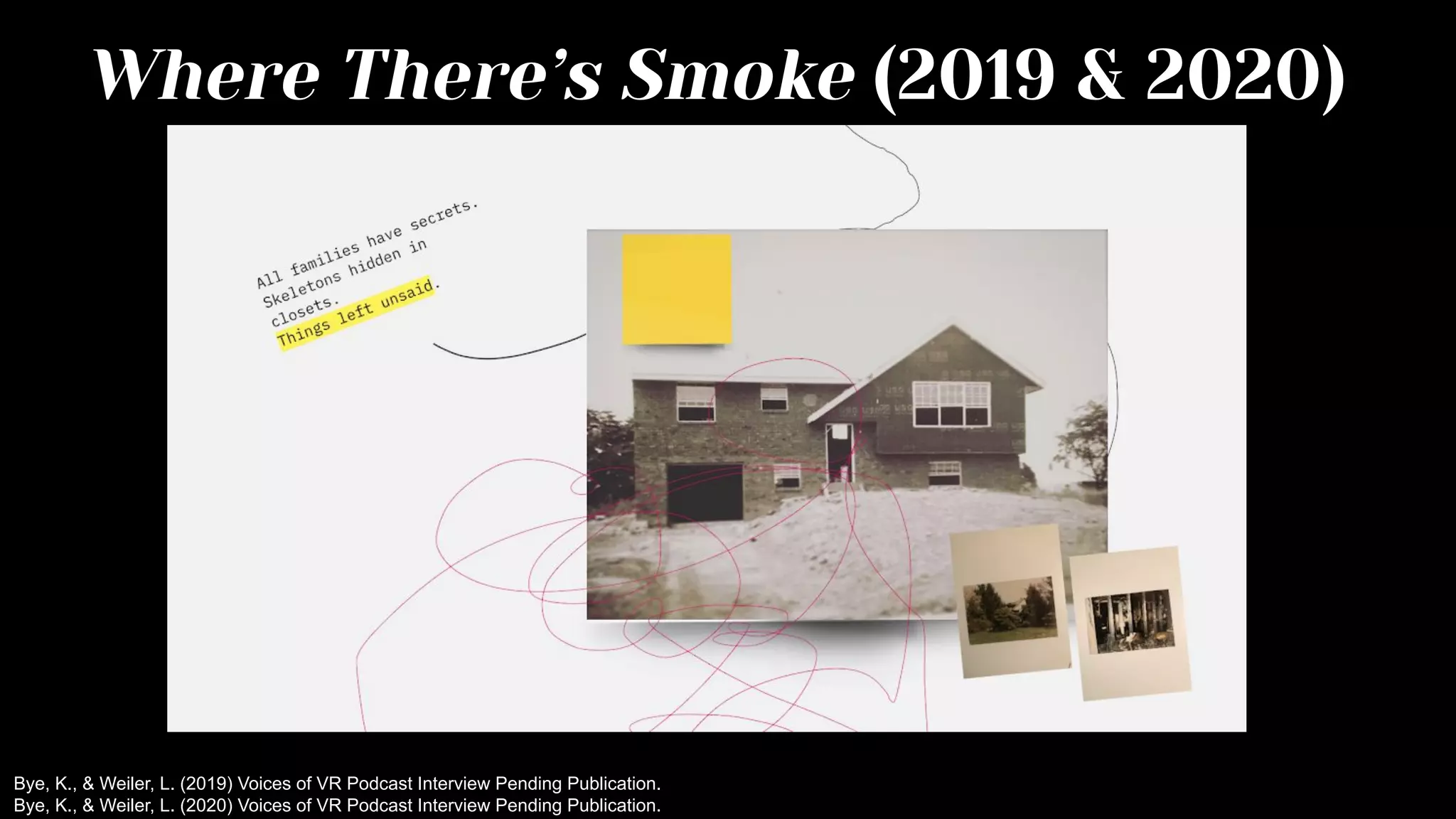 Where There’s Smoke (2019 & 2020)
Bye, K., & Weiler, L. (2019) Voices of VR Podcast Interview Pending Publication.
Bye, K., & Weiler, L. (2020) Voices of VR Podcast Interview Pending Publication.
 