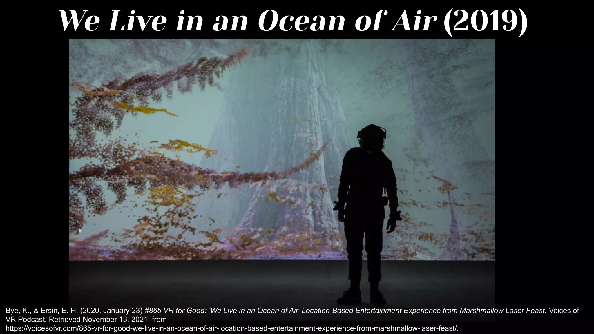 We Live in an Ocean of Air (2019)
Bye, K., & Ersin, E. H. (2020, January 23) #865 VR for Good: ‘We Live in an Ocean of Air’ Location-Based Entertainment Experience from Marshmallow Laser Feast. Voices of
VR Podcast. Retrieved November 13, 2021, from
https://voicesofvr.com/865-vr-for-good-we-live-in-an-ocean-of-air-location-based-entertainment-experience-from-marshmallow-laser-feast/.
 