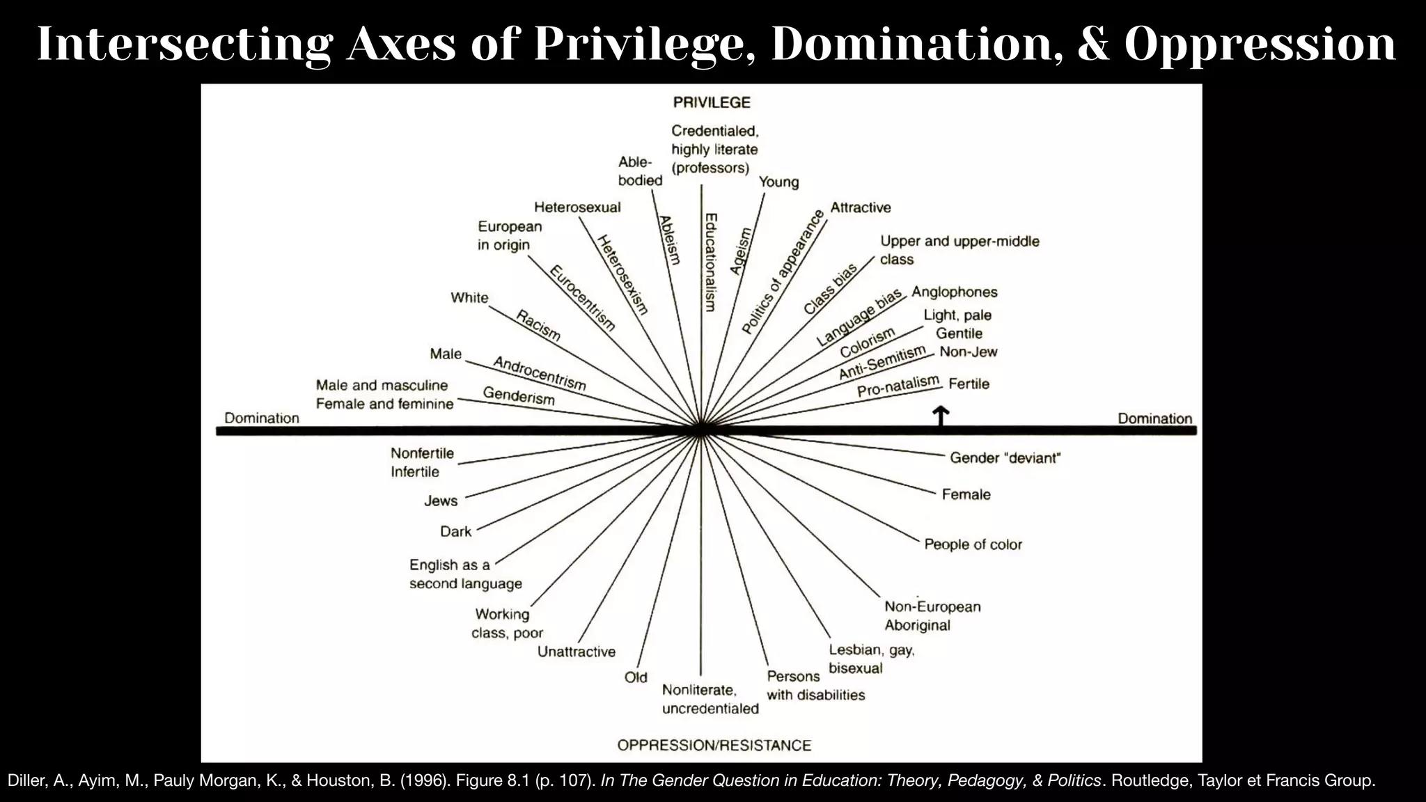 Diller, A., Ayim, M., Pauly Morgan, K., & Houston, B. (1996). Figure 8.1 (p. 107). In The Gender Question in Education: Theory, Pedagogy, & Politics. Routledge, Taylor et Francis Group.
Intersecting Axes of Privilege, Domination, & Oppression
 