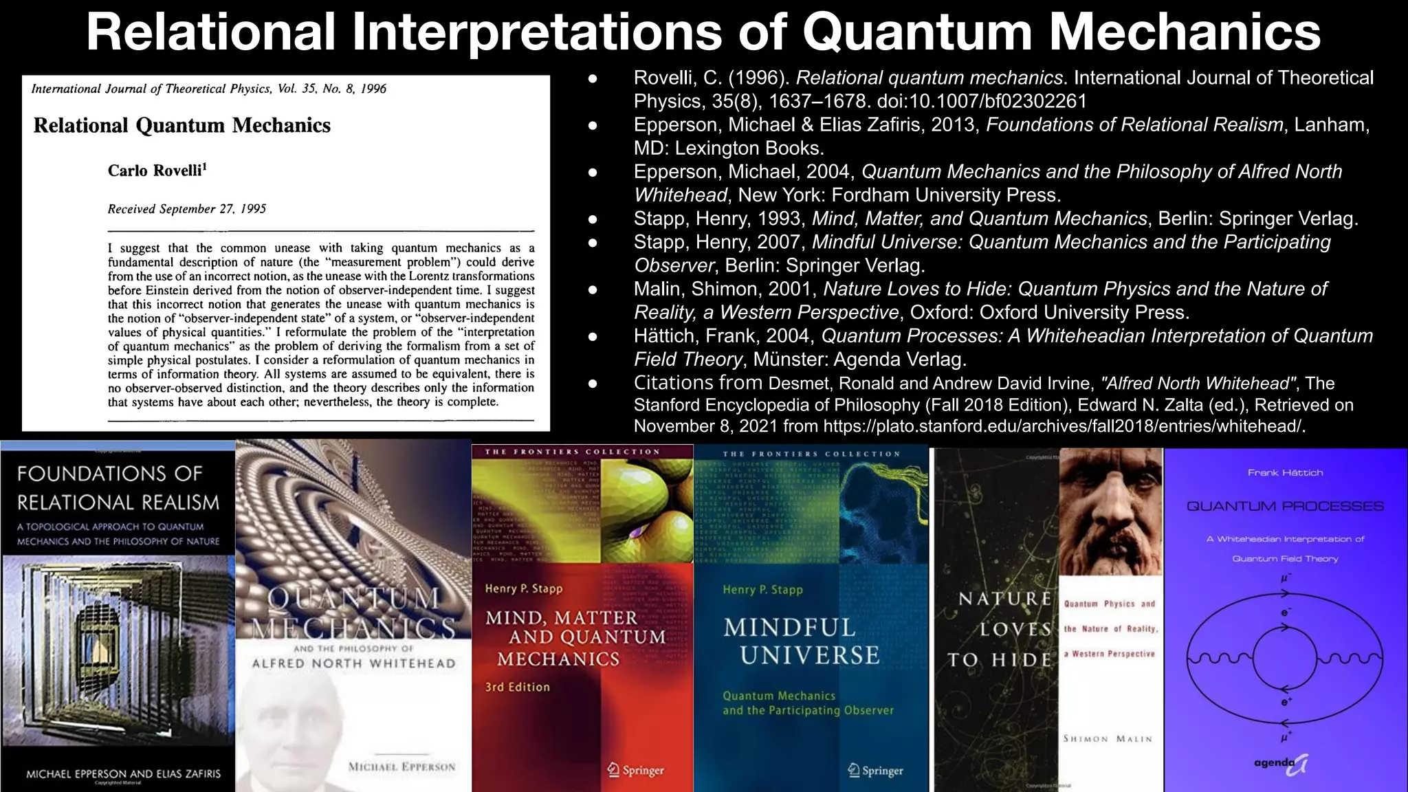 ● Rovelli, C. (1996). Relational quantum mechanics. International Journal of Theoretical
Physics, 35(8), 1637–1678. doi:10.1007/bf02302261
● Epperson, Michael & Elias Zafiris, 2013, Foundations of Relational Realism, Lanham,
MD: Lexington Books.
● Epperson, Michael, 2004, Quantum Mechanics and the Philosophy of Alfred North
Whitehead, New York: Fordham University Press.
● Stapp, Henry, 1993, Mind, Matter, and Quantum Mechanics, Berlin: Springer Verlag.
● Stapp, Henry, 2007, Mindful Universe: Quantum Mechanics and the Participating
Observer, Berlin: Springer Verlag.
● Malin, Shimon, 2001, Nature Loves to Hide: Quantum Physics and the Nature of
Reality, a Western Perspective, Oxford: Oxford University Press.
● Hättich, Frank, 2004, Quantum Processes: A Whiteheadian Interpretation of Quantum
Field Theory, Münster: Agenda Verlag.
● Citations from Desmet, Ronald and Andrew David Irvine, "Alfred North Whitehead", The
Stanford Encyclopedia of Philosophy (Fall 2018 Edition), Edward N. Zalta (ed.), Retrieved on
November 8, 2021 from https://plato.stanford.edu/archives/fall2018/entries/whitehead/.
Relational Interpretations of Quantum Mechanics
 