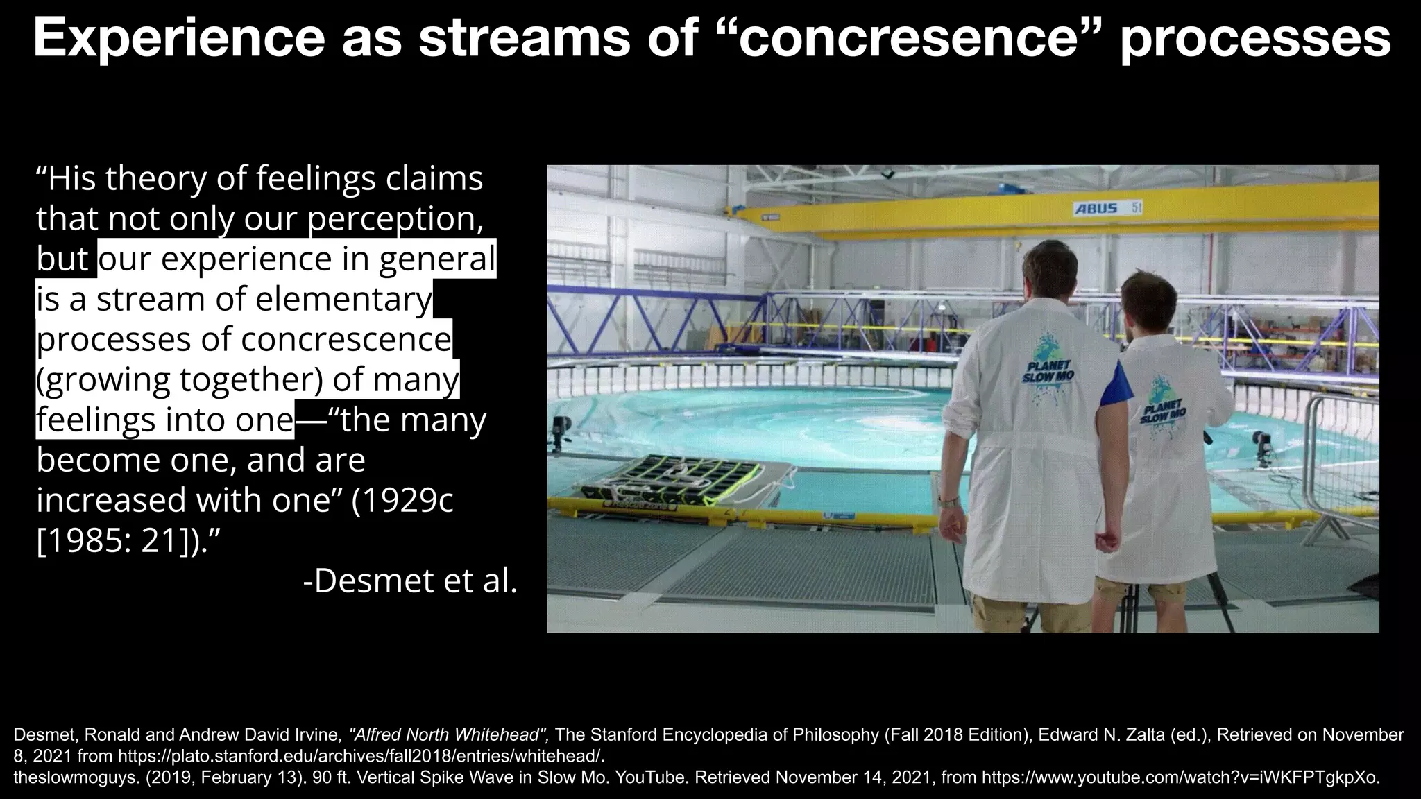 Experience as streams of “concresence” processes
Desmet, Ronald and Andrew David Irvine, "Alfred North Whitehead", The Stanford Encyclopedia of Philosophy (Fall 2018 Edition), Edward N. Zalta (ed.), Retrieved on November
8, 2021 from https://plato.stanford.edu/archives/fall2018/entries/whitehead/.
theslowmoguys. (2019, February 13). 90 ft. Vertical Spike Wave in Slow Mo. YouTube. Retrieved November 14, 2021, from https://www.youtube.com/watch?v=iWKFPTgkpXo.
“His theory of feelings claims
that not only our perception,
but our experience in general
is a stream of elementary
processes of concrescence
(growing together) of many
feelings into one—“the many
become one, and are
increased with one” (1929c
[1985: 21]).”
-Desmet et al.
 