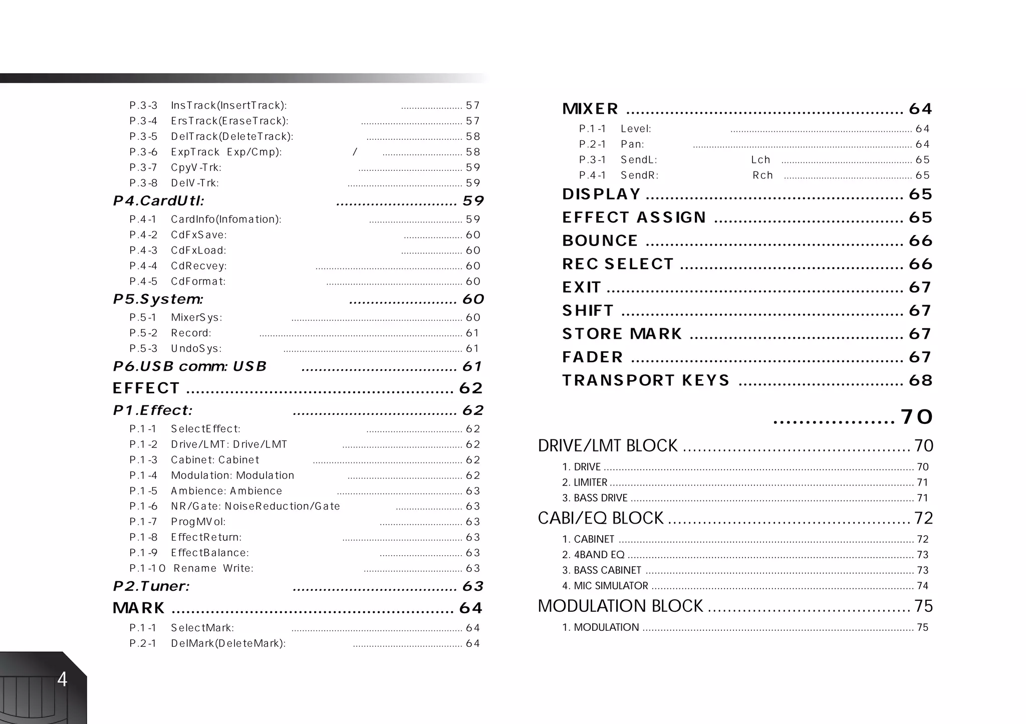 DRIVE/LMT BLOCK .............................................. 70
        1. DRIVE ........................................................................................................ 70
        2. LIMITER ...................................................................................................... 71
        3. BASS DRIVE ............................................................................................... 71

    CABI/EQ BLOCK ................................................. 72
        1. CABINET ................................................................................................... 72
        2. 4BAND EQ ................................................................................................ 73
        3. BASS CABINET .......................................................................................... 73
        4. MIC SIMULATOR ........................................................................................ 74

    MODULATION BLOCK ......................................... 75
        1. MODULATION ........................................................................................... 75




4
 