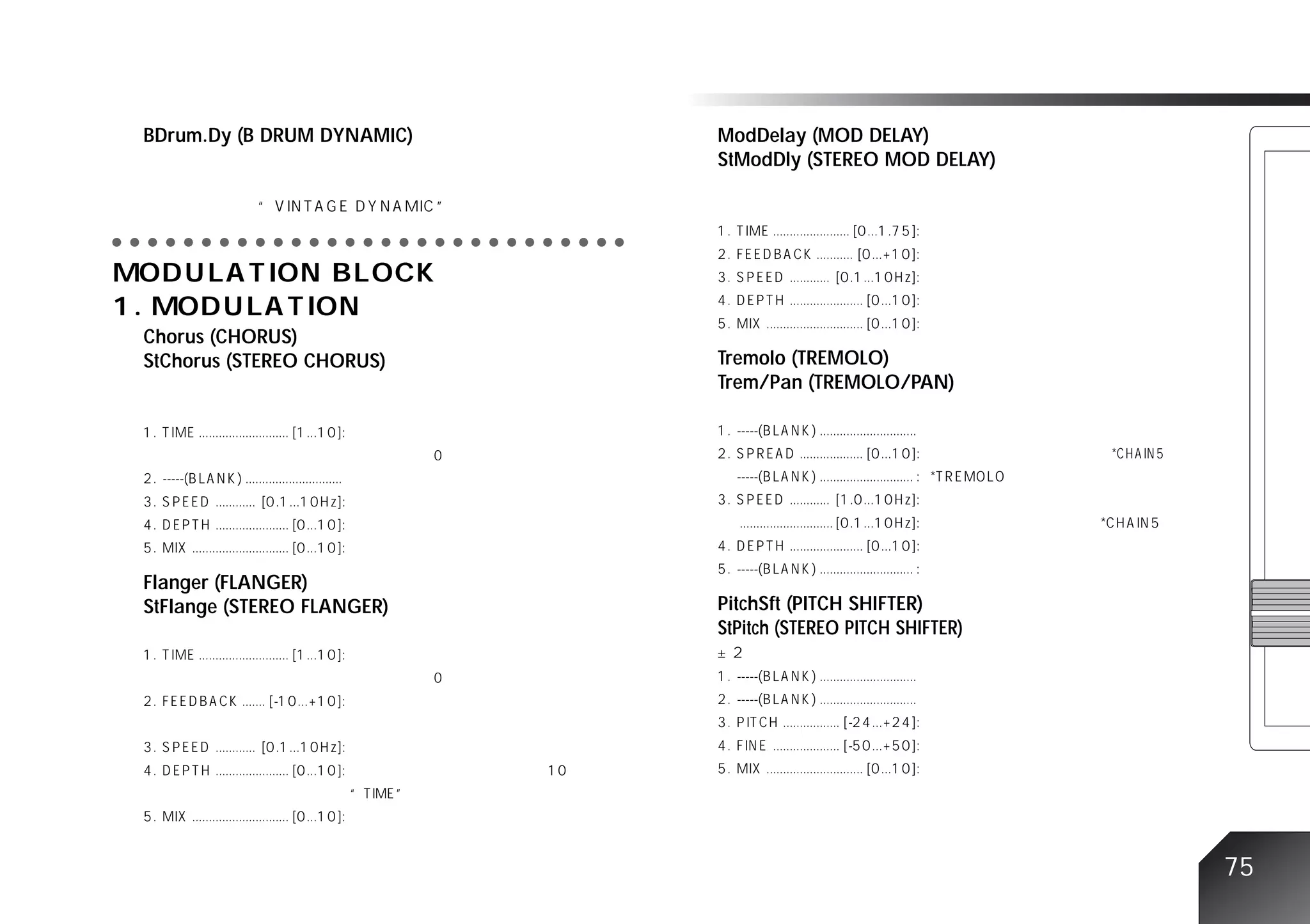 BDrum.Dy (B DRUM DYNAMIC)                                 ModDelay (MOD DELAY)
                                                            StModDly (STEREO MOD DELAY)


○ ○ ○ ○ ○ ○ ○ ○ ○ ○ ○ ○ ○ ○ ○ ○ ○ ○ ○ ○ ○ ○ ○ ○ ○ ○ ○ ○ ○




  Chorus (CHORUS)
  StChorus (STEREO CHORUS)                                  Tremolo (TREMOLO)
                                                            Trem/Pan (TREMOLO/PAN)




  Flanger (FLANGER)
  StFlange (STEREO FLANGER)                                 PitchSft (PITCH SHIFTER)
                                                            StPitch (STEREO PITCH SHIFTER)




                                                                                             75
 