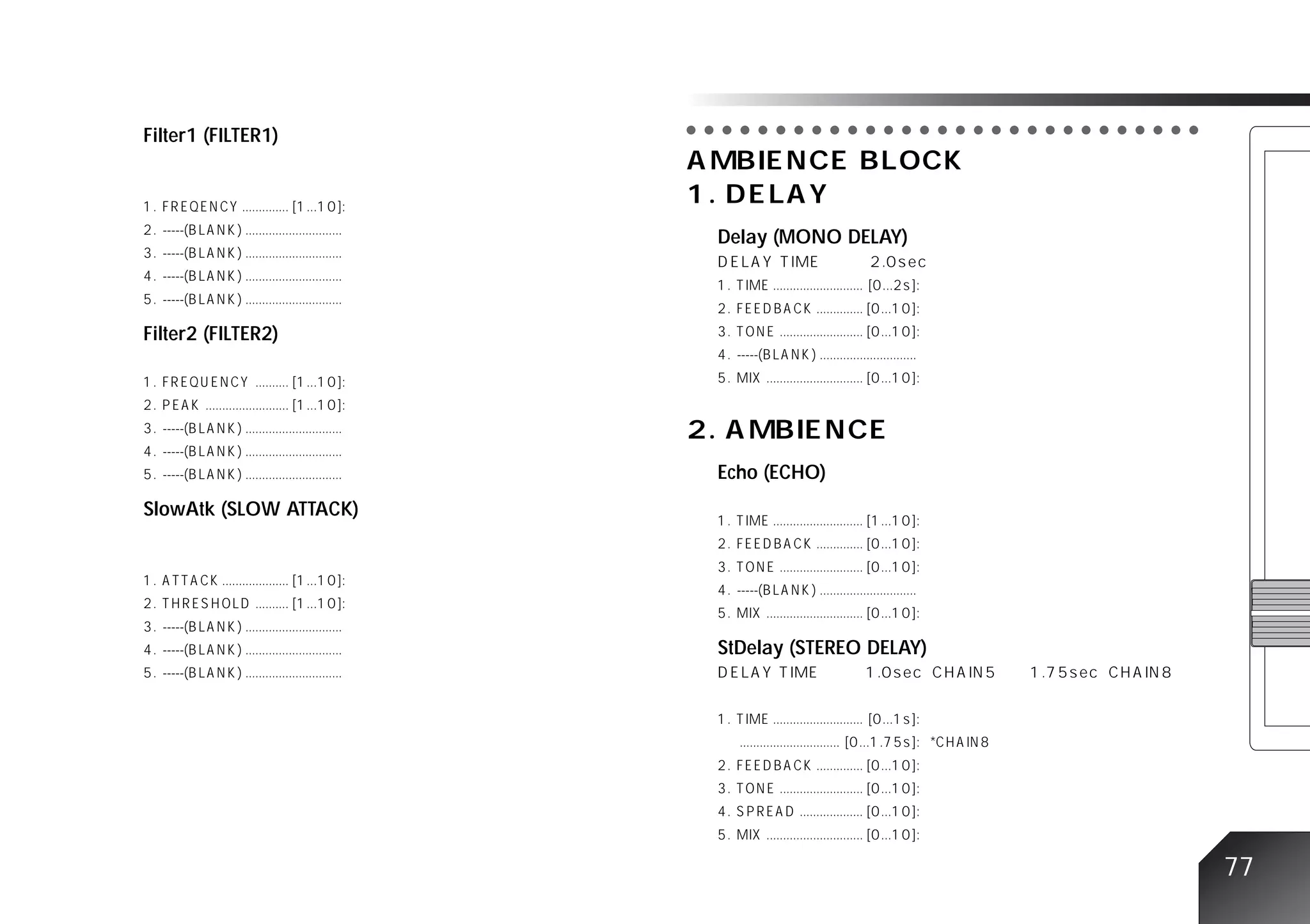 ○ ○ ○ ○ ○ ○ ○ ○ ○ ○ ○ ○ ○ ○ ○ ○ ○ ○ ○ ○ ○ ○ ○ ○ ○ ○ ○ ○ ○
Filter1 (FILTER1)




                          Delay (MONO DELAY)



Filter2 (FILTER2)




                          Echo (ECHO)
SlowAtk (SLOW ATTACK)




                          StDelay (STEREO DELAY)




                                                                                    77
 