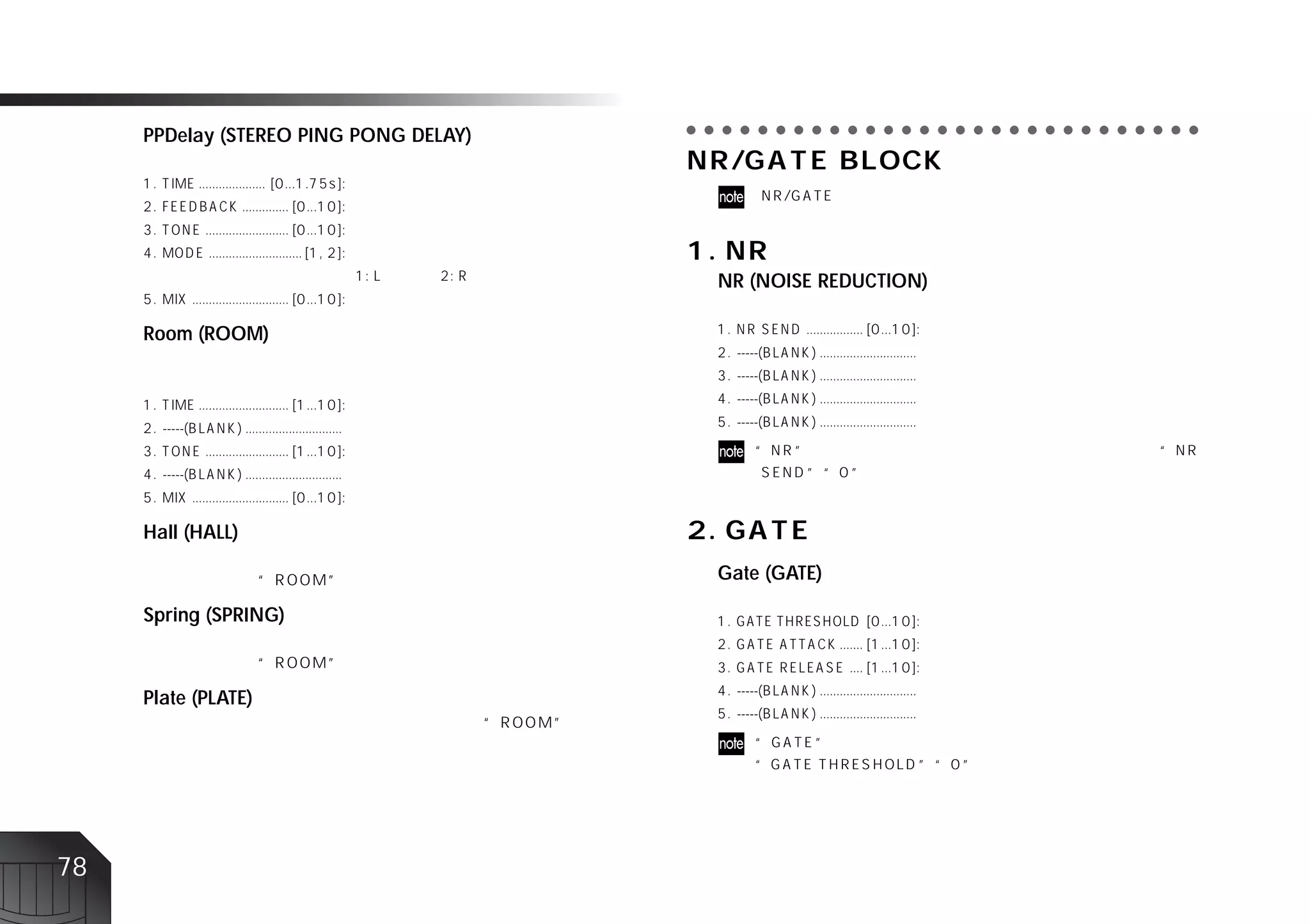 ○ ○ ○ ○ ○ ○ ○ ○ ○ ○ ○ ○ ○ ○ ○ ○ ○ ○ ○ ○ ○ ○ ○ ○ ○ ○ ○ ○ ○
     PPDelay (STEREO PING PONG DELAY)




                                          NR (NOISE REDUCTION)

     Room (ROOM)




     Hall (HALL)

                                          Gate (GATE)

     Spring (SPRING)



     Plate (PLATE)




78
 