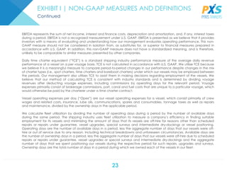 23
EXHIBIT I | NON-GAAP MEASURES AND DEFINITIONS
EBITDA represents the sum of net income, interest and finance costs, depreciation and amortization, and, if any, interest taxes
during a period. EBITDA is not a recognized measurement under U.S. GAAP. EBITDA is presented as we believe that it provides
investors with a means of evaluating and understanding how our management evaluates operating performance. This non-
GAAP measure should not be considered in isolation from, as substitutes for, or superior to financial measures prepared in
accordance with U.S. GAAP. In addition, this non-GAAP measure does not have a standardized meaning, and is therefore,
unlikely to be comparable to similar measures presented by other companies.
Daily time charter equivalent (“TCE”) is a standard shipping industry performance measure of the average daily revenue
performance of a vessel on a per voyage basis. TCE is not calculated in accordance with U.S. GAAP. We utilize TCE because
we believe it is a meaningful measure to compare period-to-period changes in our performance despite changes in the mix
of charter types (i.e., spot charters, time charters and bareboat charters) under which our vessels may be employed between
the periods. Our management also utilizes TCE to assist them in making decisions regarding employment of the vessels. We
believe that our method of calculating TCE is consistent with industry standards and is determined by dividing voyage
revenues after deducting voyage expenses, including commissions by operating days for the relevant period. Voyage
expenses primarily consist of brokerage commissions, port, canal and fuel costs that are unique to a particular voyage, which
would otherwise be paid by the charterer under a time charter contract.
Vessel operating expenses per day (“Opex”) are our vessel operating expenses for a vessel, which consist primarily of crew
wages and related costs, insurance, lube oils, communications, spares and consumables, tonnage taxes as well as repairs
and maintenance, divided by the ownership days in the applicable period.
We calculate fleet utilization by dividing the number of operating days during a period by the number of available days
during the same period. The shipping industry uses fleet utilization to measure a company’s efficiency in finding suitable
employment for its vessels and minimizing the amount of days that its vessels are off-hire for reasons other than scheduled
repairs or repairs under guarantee, vessel upgrades, special surveys and intermediate dry-dockings or vessel positioning.
Operating days are the number of available days in a period, less the aggregate number of days that our vessels were off-
hire or out of service due to any reason, including technical breakdowns and unforeseen circumstances. Available days are
the number of ownership days in a period, less the aggregate number of days that our vessels were off-hire due to scheduled
repairs or repairs under guarantee, vessel upgrades or special surveys and intermediate dry-dockings and the aggregate
number of days that we spent positioning our vessels during the respective period for such repairs, upgrades and surveys.
Ownership days are the total number of days in a period during which we owned each of the vessels in our fleet.
Continued
 