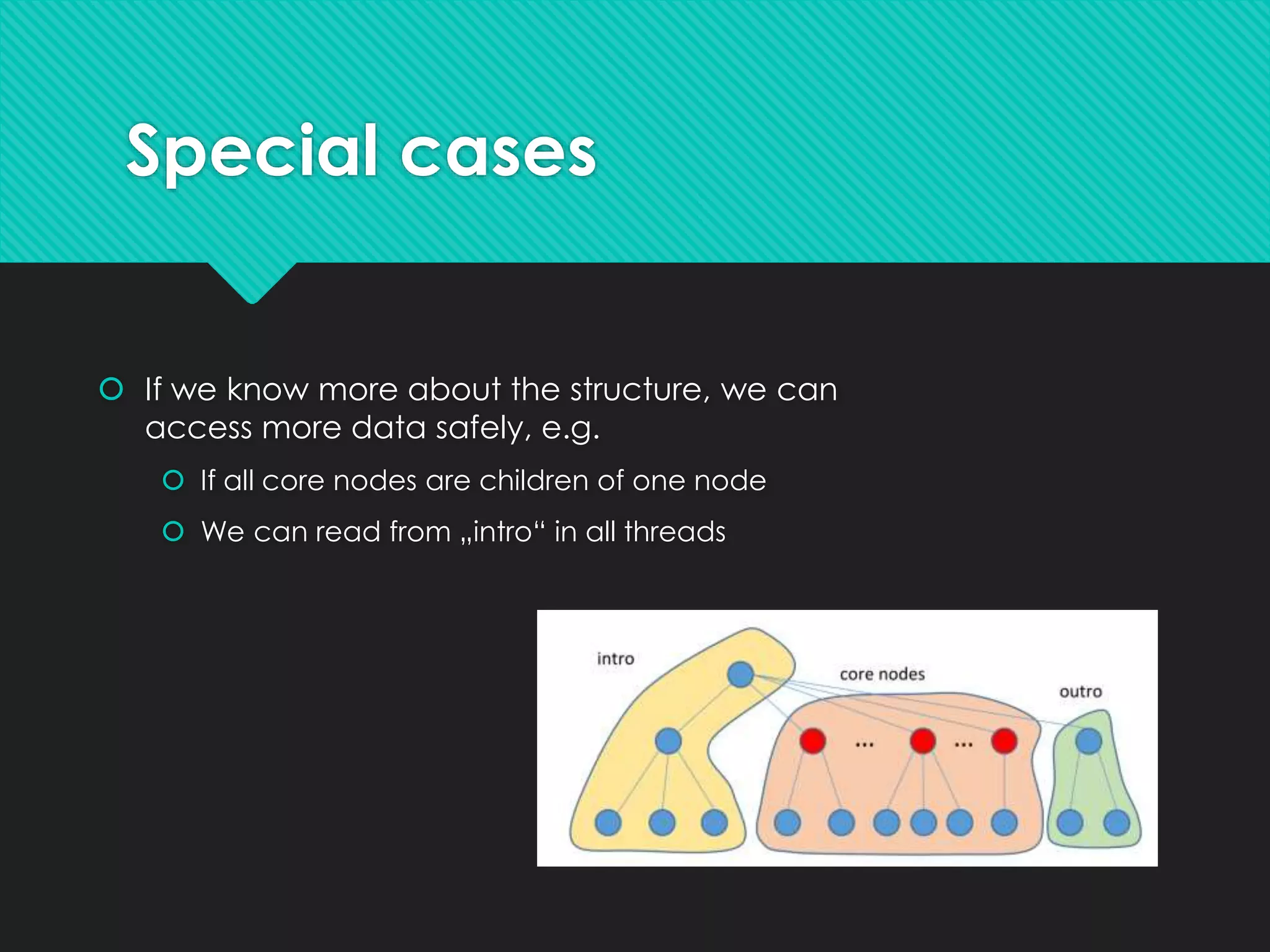 Special cases
 If we know more about the structure, we can
access more data safely, e.g.
 If all core nodes are children of one node
 We can read from „intro“ in all threads
 