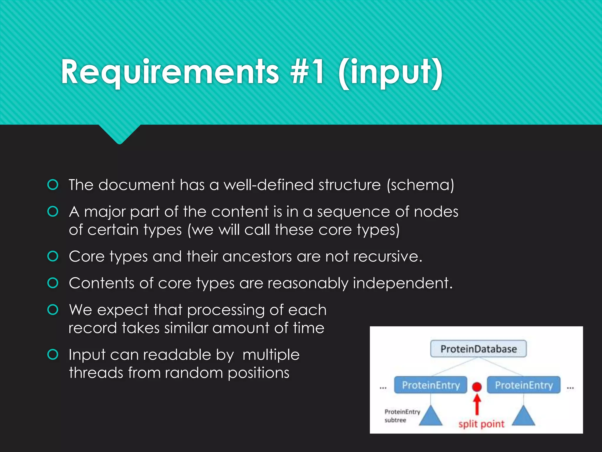 Requirements #1 (input)
 The document has a well-defined structure (schema)
 A major part of the content is in a sequence of nodes
of certain types (we will call these core types)
 Core types and their ancestors are not recursive.
 Contents of core types are reasonably independent.
 We expect that processing of each
record takes similar amount of time
 Input can readable by multiple
threads from random positions
 