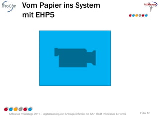 Vom Papier ins System
          mit EHP5




AdManus Praxistage 2011 – Digitalisierung von Antragsverfahren mit SAP HCM Processes & Forms   Folie 12
 