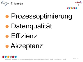 Chancen



● Prozessoptimierung
● Datenqualität
● Effizienz
● Akzeptanz
AdManus Praxistage 2011 – Digitalisierung von Antragsverfahren mit SAP HCM Processes & Forms   Folie 14
 