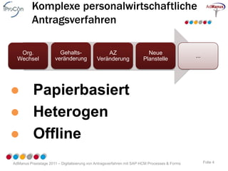 Komplexe personalwirtschaftliche
          Antragsverfahren

   Org.                  Gehalts-                 AZ                     Neue
                       veränderung                                                             ...
  Wechsel                                     Veränderung              Planstelle




● Papierbasiert
● Heterogen
● Offline
AdManus Praxistage 2011 – Digitalisierung von Antragsverfahren mit SAP HCM Processes & Forms         Folie 4
 