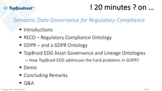 © Copyright 2017 TopQuadrant Inc. Slide 2
Semantic	Data	Governance	for	Regulatory	Compliance
§ Introductions
§ RECO	– Regulatory	Compliance	Ontology
§ GDPR	– and	a	GDPR	Ontology
§ TopBraid EDG	Asset	Governance	and	Lineage	Ontologies
– How	TopBraid EDG	addresses	the	hard	problems	in	GDPR?
§ Demo
§ Concluding	Remarks
§ Q&A
!	20	minutes	?	on	…
 