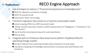 © Copyright 2017 TopQuadrant Inc. Slide 30
RECO	Engine	Approach
1. Use	ontologies	to	express	a	“finance/macroeconomics	knowledge	base”:
uRECO	for	regulatory	compliance	ontology
uQUDT	for	quantity	kinds
uExtend	with	“deep”	terminology
2. Transform	regulatory	documents	to	a	machine-processable model
uScreen	scraping	HTML	to	an	RDF	document	model
u“Lifting”	the	RDF	document	model	to	a	RECO	representation	of	“Obligations”,	“Prohibitions”	and	
“Permissions”
uUse	of	machine-learning	techniques	for	auto-classification
uManual	steps
3. Integrate	with	an	Enterprise	Data	Governance	platform	(TopBraid EDG)	for	
specifying	lineage	models:
uSemantic	relations	from	reporting	and	data	policy	stipulations	to	asset	types
uTranslation	(mapping)	of	knowledge	representations	to	physical	data	specifications	and	
transforms
 