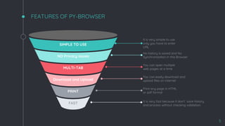FEATURES OF PY-BROWSER
5
PRINT
FAST
SIMPLE TO USE
MULTI-TAB
NO Privacy issues
Download and Upload
It is very simple to use
only you have to enter
URL
No history is saved and No
Synchronization in this Browser
You can open multiple
web pages at a time
You can easily download and
upload files on internet
Print any page in HTML
or pdf format
It is very fast because it don‘t save history
and process without checking validation
 