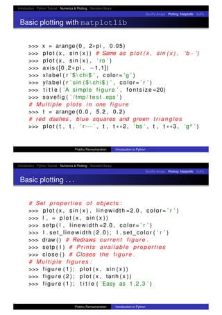 Introduction Python Tutorial Numerics & Plotting Standard library
NumPy Arrays Plotting: Matplotlib SciPy
Basic plotting with matplotlib
>>> x = arange (0 , 2∗pi , 0.05)
>>> p l o t ( x , sin ( x ) ) # Same as p l o t ( x , sin ( x ) , ’b− ’)
>>> p l o t ( x , sin ( x ) , ’ ro ’ )
>>> axis ([0 ,2∗ pi , −1 ,1])
>>> xlabel ( r ’$  chi$ ’ , color= ’g ’ )
>>> ylabel ( r ’ sin ( $  chi$ ) ’ , color= ’ r ’ )
>>> t i t l e ( ’A simple f i g u r e ’ , fo nts iz e =20)
>>> savefig ( ’ / tmp / t e s t . eps ’ )
# M ul ti pl e plots in one f i g u r e
>>> t = arange (0.0 , 5.2 , 0.2)
# red dashes , blue squares and green t r i a n g l e s
>>> p l o t ( t , t , ’ r−−’ , t , t ∗∗2 , ’ bs ’ , t , t ∗∗3 , ’g^ ’ )
Prabhu Ramachandran Introduction to Python
Introduction Python Tutorial Numerics & Plotting Standard library
NumPy Arrays Plotting: Matplotlib SciPy
Basic plotting . . .
# Set properties of objects :
>>> p l o t ( x , sin ( x ) , l i n e w i d t h =2.0 , color= ’ r ’ )
>>> l , = p l o t ( x , sin ( x ) )
>>> setp ( l , l i n e w i d t h =2.0 , color= ’ r ’ )
>>> l . set_linewidth ( 2 . 0 ) ; l . set_color ( ’ r ’ )
>>> draw ( ) # Redraws current f i g u r e .
>>> setp ( l ) # Prints available properties
>>> close ( ) # Closes the f i g u r e .
# M ul ti pl e figure s :
>>> f i g u r e ( 1 ) ; p l o t ( x , sin ( x ) )
>>> f i g u r e ( 2 ) ; p l o t ( x , tanh ( x ) )
>>> f i g u r e ( 1 ) ; t i t l e ( ’ Easy as 1 ,2 ,3 ’ )
Prabhu Ramachandran Introduction to Python
 