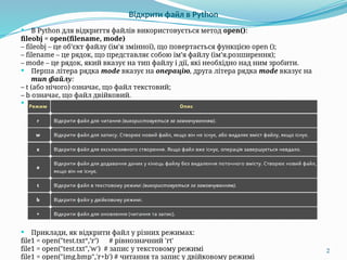 2
Відкрити файл в Python
 В Python для відкриття файлів використовується метод open():
fileobj = open(filename, mode)
– fileobj – це об’єкт файлу (ім'я змінної), що повертається функцією open ();
– filename – це рядок, що представляє собою ім’я файлу (ім’я.розширення);
– mode – це рядок, який вказує на тип файлу і дії, які необхідно над ним зробити.
 Перша літера рядка mode вказує на операцію, друга літера рядка mode вказує на
тип файлу:
– t (або нічого) означає, що файл текстовий;
– b означає, що файл двійковий.
 Операції при роботі з файлами:
 Приклади, як відкрити файл у різних режимах:
file1 = open("test.txt“,’r’) # рівнозначний 'rt'
file1 = open("test.txt",'w') # запис у текстовому режимі
file1 = open("img.bmp",'r+b') # читання та запис у двійковому режимі
 