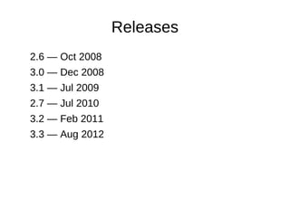 Releases
2.6 — Oct 2008
3.0 — Dec 2008
3.1 — Jul 2009
2.7 — Jul 2010
3.2 — Feb 2011
3.3 — Aug 2012
 