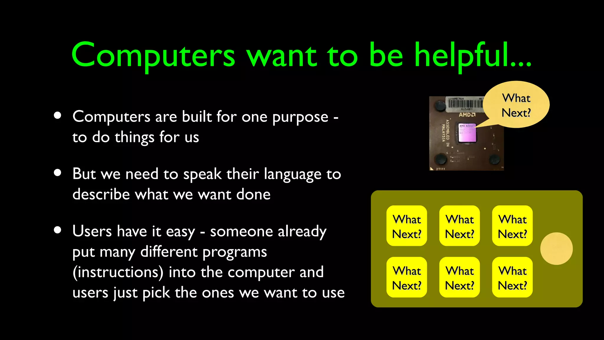 Computers want to be helpful...
• Computers are built for one purpose -
to do things for us
• But we need to speak their language to
describe what we want done
• Users have it easy - someone already
put many different programs
(instructions) into the computer and
users just pick the ones we want to use
WhatWhat
Next?Next?
WhatWhat
Next?Next?
WhatWhat
Next?Next?
WhatWhat
Next?Next?
WhatWhat
Next?Next?
WhatWhat
Next?Next?
WhatWhat
Next?Next?
 