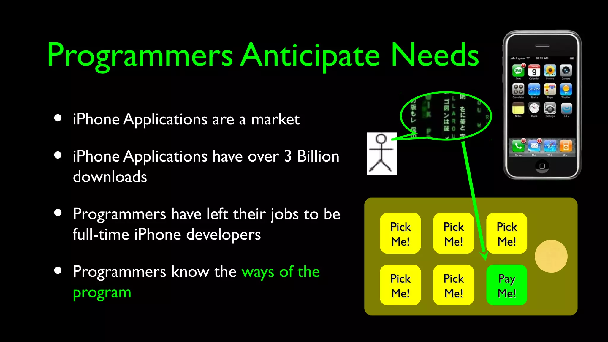Programmers Anticipate Needs
• iPhone Applications are a market
• iPhone Applications have over 3 Billion
downloads
• Programmers have left their jobs to be
full-time iPhone developers
• Programmers know the ways of the
program
PickPick
Me!Me!
PickPick
Me!Me!
PickPick
Me!Me!
PickPick
Me!Me!
PayPay
Me!Me!
PickPick
Me!Me!
 