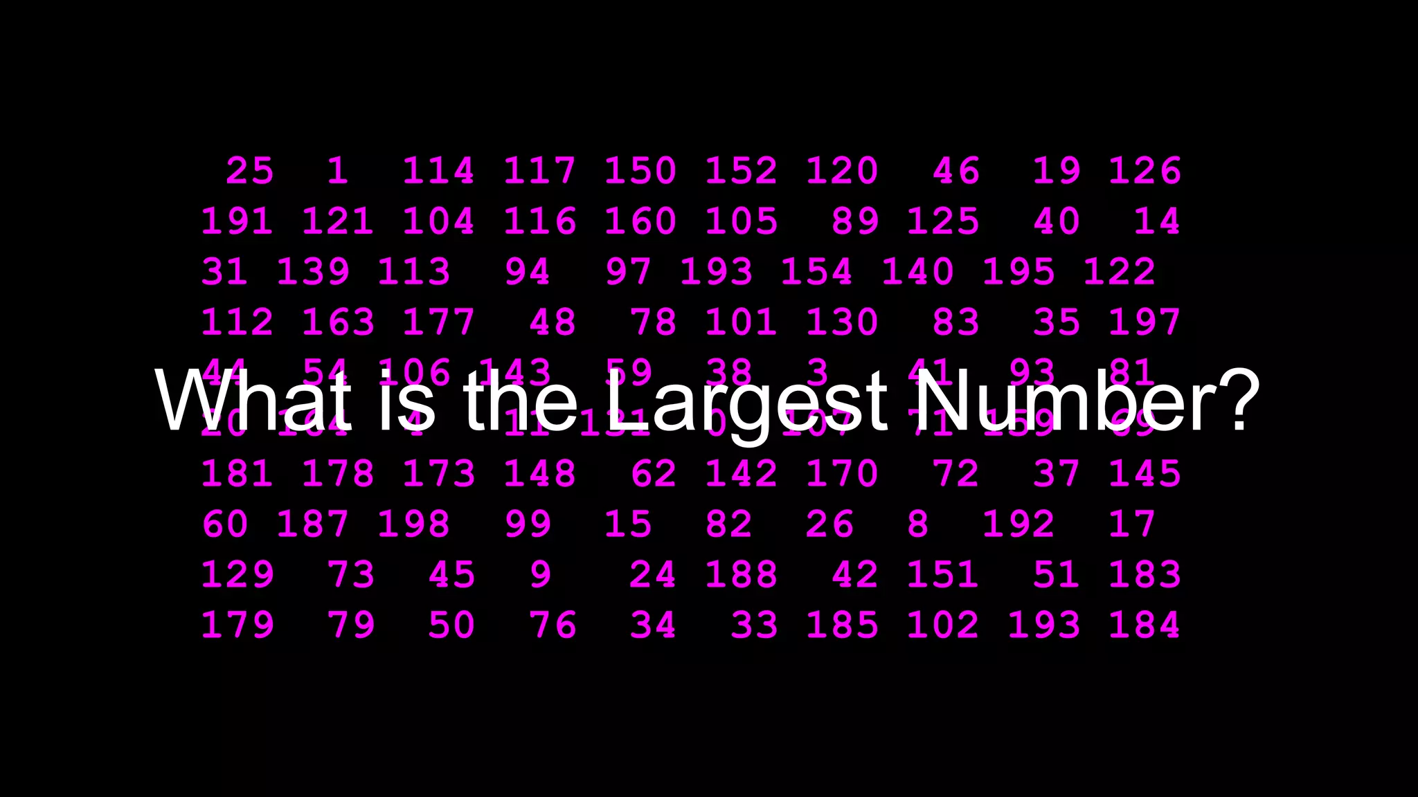 25 1 114 117 150 152 120 46 19 126
191 121 104 116 160 105 89 125 40 14
31 139 113 94 97 193 154 140 195 122
112 163 177 48 78 101 130 83 35 197
44 54 106 143 59 38 3 41 93 81
20 164 4 11 131 0 107 71 159 69
181 178 173 148 62 142 170 72 37 145
60 187 198 99 15 82 26 8 192 17
129 73 45 9 24 188 42 151 51 183
179 79 50 76 34 33 185 102 193 184
What is the Largest Number?
 