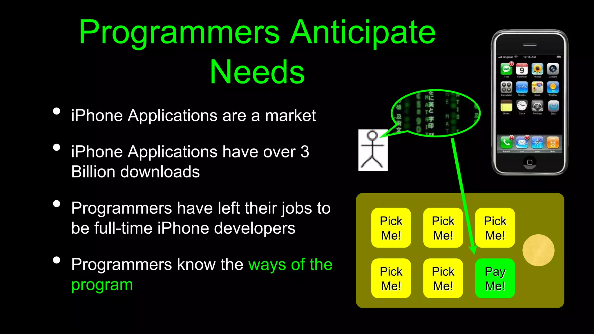 Programmers Anticipate
Needs
• iPhone Applications are a market
• iPhone Applications have over 3
Billion downloads
• Programmers have left their jobs to
be full-time iPhone developers
• Programmers know the ways of the
program
Pick
Me!
Pick
Me!
Pick
Me!
Pick
Me!
Pay
Me!
Pick
Me!
 