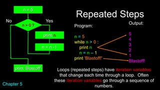 Repeated Steps
Output:
5
4
3
2
1
Blastoff!
Program:
n = 5
while n > 0 :
print n
n = n – 1
print 'Blastoff!'
n > 0 ?
n = n -1
Loops (repeated steps) have iteration variables
that change each time through a loop. Often
these iteration variables go through a sequence of
numbers.
No
print 'Blastoff'
Chapter 5
Yes
n = 5
print n
 