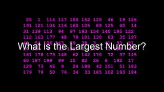 25 1 114 117 150 152 120 46 19 126
191 121 104 116 160 105 89 125 40 14
31 139 113 94 97 193 154 140 195 122
112 163 177 48 78 101 130 83 35 197
44 54 106 143 59 38 3 41 93 81
20 164 4 11 131 0 107 71 159 69
181 178 173 148 62 142 170 72 37 145
60 187 198 99 15 82 26 8 192 17
129 73 45 9 24 188 42 151 51 183
179 79 50 76 34 33 185 102 193 184
What is the Largest Number?
 
