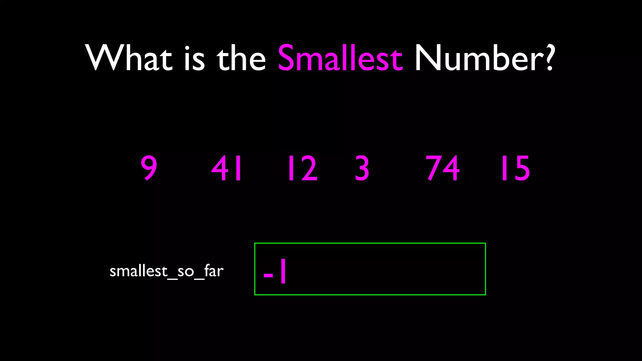 9
What is the Smallest Number?
smallest_so_far -1
41 12 3 74 15
 