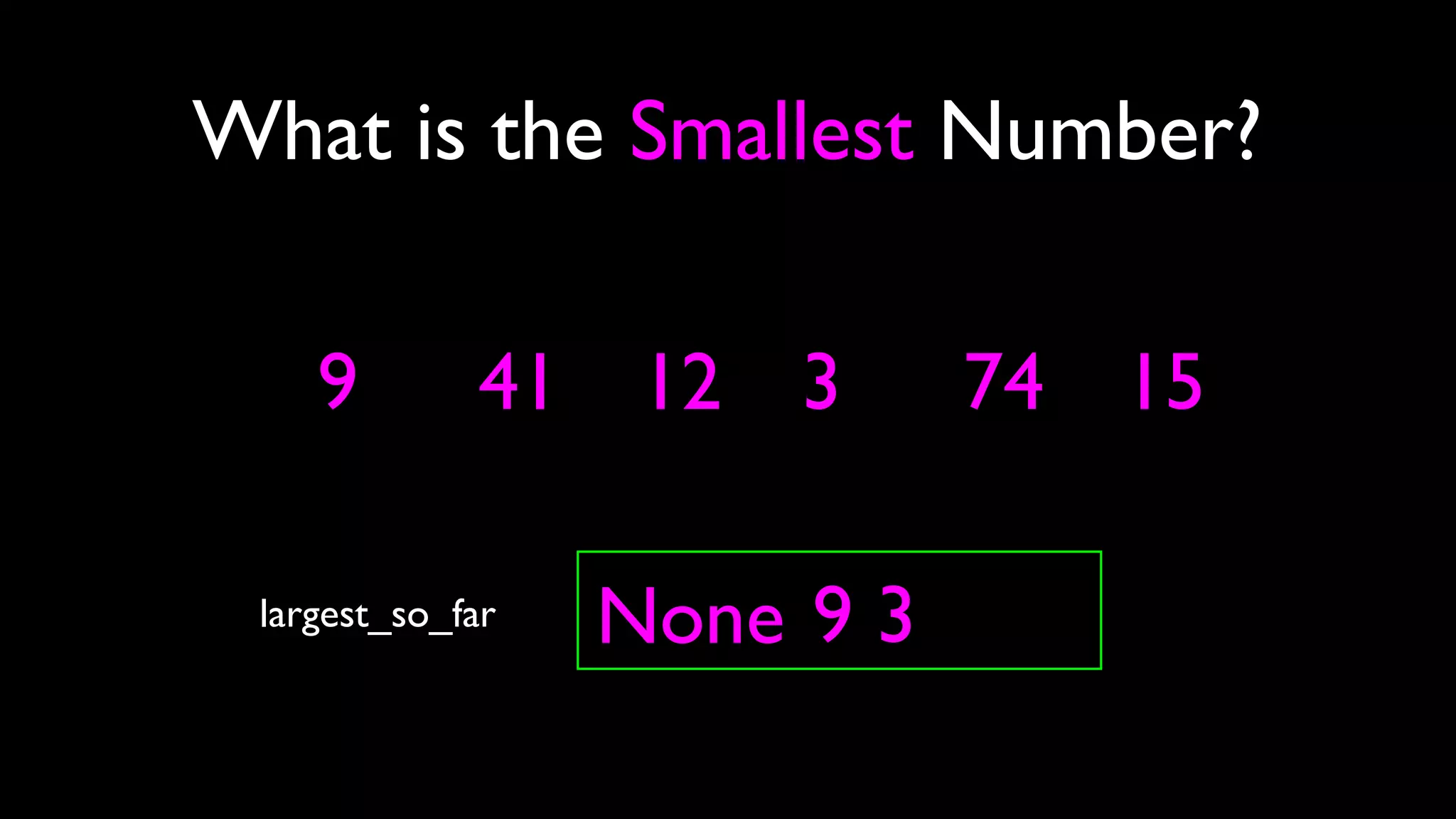 9
What is the Smallest Number?
largest_so_far None 9 3
41 12 3 74 15
 