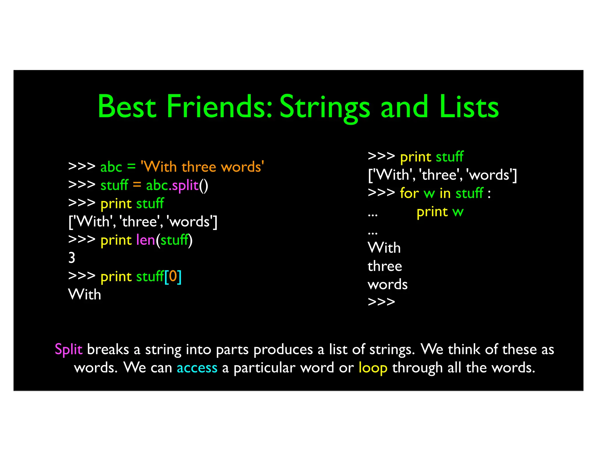 Best Friends: Strings and Lists >>> abc = 'With three words' >>> stuff = abc.split() >>> print stuff ['With', 'three', 'words'] >>> print len(stuff) 3 >>> print stuff[0] With >>> print stuff ['With', 'three', 'words'] >>> for w in stuff : ... print w ... With three words >>> Split breaks a string into parts produces a list of strings. We think of these as words. We can access a particular word or loop through all the words. 