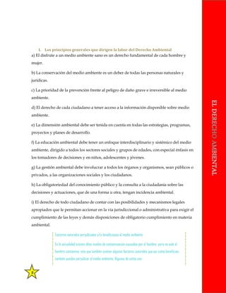 8
1. Los principios generales que dirigen la labor del Derecho Ambiental
a) El disfrute a un medio ambiente sano es un derecho fundamental de cada hombre y
mujer.
b) La conservación del medio ambiente es un deber de todas las personas naturales y
jurídicas.
c) La prioridad de la prevención frente al peligro de daño grave e irreversible al medio
ambiente.
d) El derecho de cada ciudadano a tener acceso a la información disponible sobre medio
ambiente.
e) La dimensión ambiental debe ser tenida en cuenta en todas las estrategias, programas,
proyectos y planes de desarrollo.
f) La educación ambiental debe tener un enfoque interdisciplinario y sistémico del medio
ambiente, dirigido a todos los sectores sociales y grupos de edades, con especial énfasis en
los tomadores de decisiones y en niños, adolescentes y jóvenes.
g) La gestión ambiental debe involucrar a todos los órganos y organismos, sean públicos o
privados, a las organizaciones sociales y los ciudadanos.
h) La obligatoriedad del conocimiento público y la consulta a la ciudadanía sobre las
decisiones y actuaciones, que de una forma u otra, tengan incidencia ambiental.
i) El derecho de todo ciudadano de contar con las posibilidades y mecanismos legales
apropiados que le permitan accionar en la vía jurisdiccional o administrativa para exigir el
cumplimiento de las leyes y demás disposiciones de obligatorio cumplimiento en materia
ambiental.
Factores naturales perjudiciales y/o beneficiosos al medio ambiente
En la actualidad existen altos niveles de contaminación causados por el hombre, pero no solo el
hombre contamina, sino que también existen algunos factores naturales que así como benefician,
también pueden perjudicar al medio ambiente. Algunos de estos son:
 