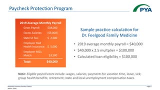 Physician Practices Survival Tactics
April 6, 2020
Page 9
Paycheck Protection Program
Note: Eligible payroll costs include: wages, salaries; payments for vacation time, leave, sick;
group health benefits; retirement; state and local unemployment compensation taxes.
Sample practice calculation for
Dr. Feelgood Family Medicine
• 2019 average monthly payroll = $40,000
• $40,000 x 2.5 multplier = $100,000
• Calculated loan eligibility = $100,000
2019 Average Monthly Payroll
Gross Payroll: $38,000
Excess Salaries: ($9,000)
State UI Tax: $ 2,500
Employer Paid
Health Insurance: $ 5,000
Employer 401k
Match: $3,500
Total: $40,000
 