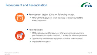 Physician Practices Survival Tactics
April 6, 2020
Page 28
Recoupment and Reconciliation
▪ Recoupment begins 120 days following receipt
▪ MAC withholds payment on all claims up to the amount of the
advance payment
▪ Reconciliation
▪ MAC makes demand for payment of any remaining amount one
year following receipt for hospitals, 210 days for all other providers
▪ Opportunity for extended repayment schedule (with interest)?
▪ Impact of bankruptcy?
X
120
 