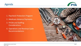 Physician Practices Survival Tactics
April 6, 2020
Page 3
Agenda
1. Paycheck Protection Program
2. Medicare Advance Payments
3. FFCRA and Staffing
Considerations
4. Operations and Revenue Cycle
Recommendations
 