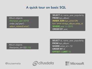 A quick tour on basic SQL
@louisemeta
Album.objects
.filter(year_gte=2010)
.order_by(‘year’)
.select_related(‘artist’)
SELECT id, name, year, popularity
FROM kyo_album
INNER JOIN kyo_artist ON
kyo_artist.id=kyo_album.artist_id
WHERE year >= 2010
ORDER BY year;
Album.objects
.filter(artist_id=12)[5:10]
SELECT id, name, year, popularity
FROM kyo_album
WHERE artist_id = 12
ORDER BY id
OFFSET 5 LIMIT 10;
 