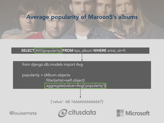 @louisemeta
Average popularity of Maroon5’s albums
SELECT AVG(popularity) FROM kyo_album WHERE artist_id=9;
from django.db.models import Avg
popularity = (Album.objects
.filter(artist=self.object)
.aggregate(value=Avg(‘popularity’))
{'value': 68.16666666666667}
 