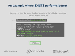@louisemeta
An example where EXISTS performs better
I wanted to filter the songs that had no value in the table kyo_word yet.
A basic version could be
Song.objects.filter(words__isnull=True)
17-25ms
SELECT "kyo_song"."id", "kyo_song"."name",
"kyo_song"."album_id", "kyo_song"."language"
FROM "kyo_song"
LEFT OUTER JOIN "kyo_word" ON ("kyo_song"."id" =
"kyo_word"."song_id")
WHERE "kyo_word"."id" IS NULL
 