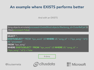 @louisemeta
An example where EXISTS performs better
And with an EXISTS
4-6ms
Song.objects.annotate(processed=Exists(Word.objects.filter(song_id=OuterRef('pk'))))
.filter(processed=False)
SELECT * ,
EXISTS(SELECT * FROM "kyo_word" U0 WHERE U0."song_id" = ("kyo_song"."id"))
AS "processed"
FROM "kyo_song"
WHERE EXISTS(SELECT * FROM "kyo_word" U0 WHERE U0."song_id" =
("kyo_song"."id")) = False
 