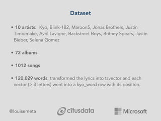 Dataset
@louisemeta
• 10 artists: Kyo, Blink-182, Maroon5, Jonas Brothers, Justin
Timberlake, Avril Lavigne, Backstreet Boys, Britney Spears, Justin
Bieber, Selena Gomez
• 72 albums
• 1012 songs
• 120,029 words: transformed the lyrics into tsvector and each
vector (> 3 letters) went into a kyo_word row with its position.
 