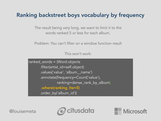 Ranking backstreet boys vocabulary by frequency
@louisemeta
The result being very long, we want to limit it to the
words r...
