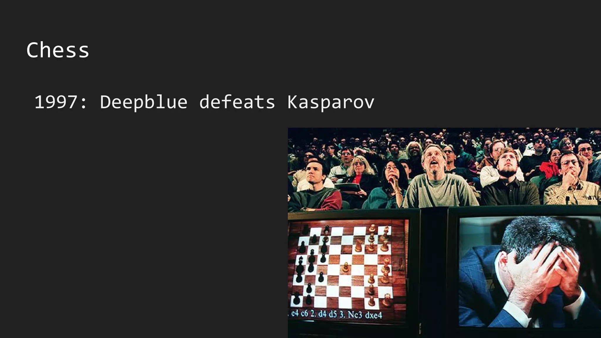 Chess
1997: Deepblue defeats Kasparov
 