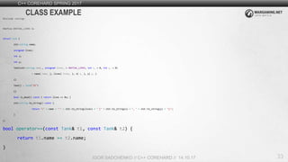 33
C++ COREHARD SPRING 2017
IGOR SADCHENKO // C++ COREHARD // 14.10.17
CLASS EXAMPLE
#include <string>
#define INITIAL_LIVES 3u
struct Tank {
std::string name;
unsigned lives;
int x;
int y;
Tank(std::string name_, unsigned lives_ = INITIAL_LIVES, int x_ = 0, int y_ = 0)
: name{ name_ }, lives{ lives_ }, x{ x_ }, y{ y_ }
{}
Tank() : Tank("IS")
{}
bool is_dead() const { return lives == 0u; }
std::string to_string() const {
return "<" + name + ":" + std::to_string(lives) + " [" + std::to_string(x) + ", " + std::to_string(y) + "]>";
}
};
bool operator==(const Tank& t1, const Tank& t2) {
return t1.name == t2.name;
}
 