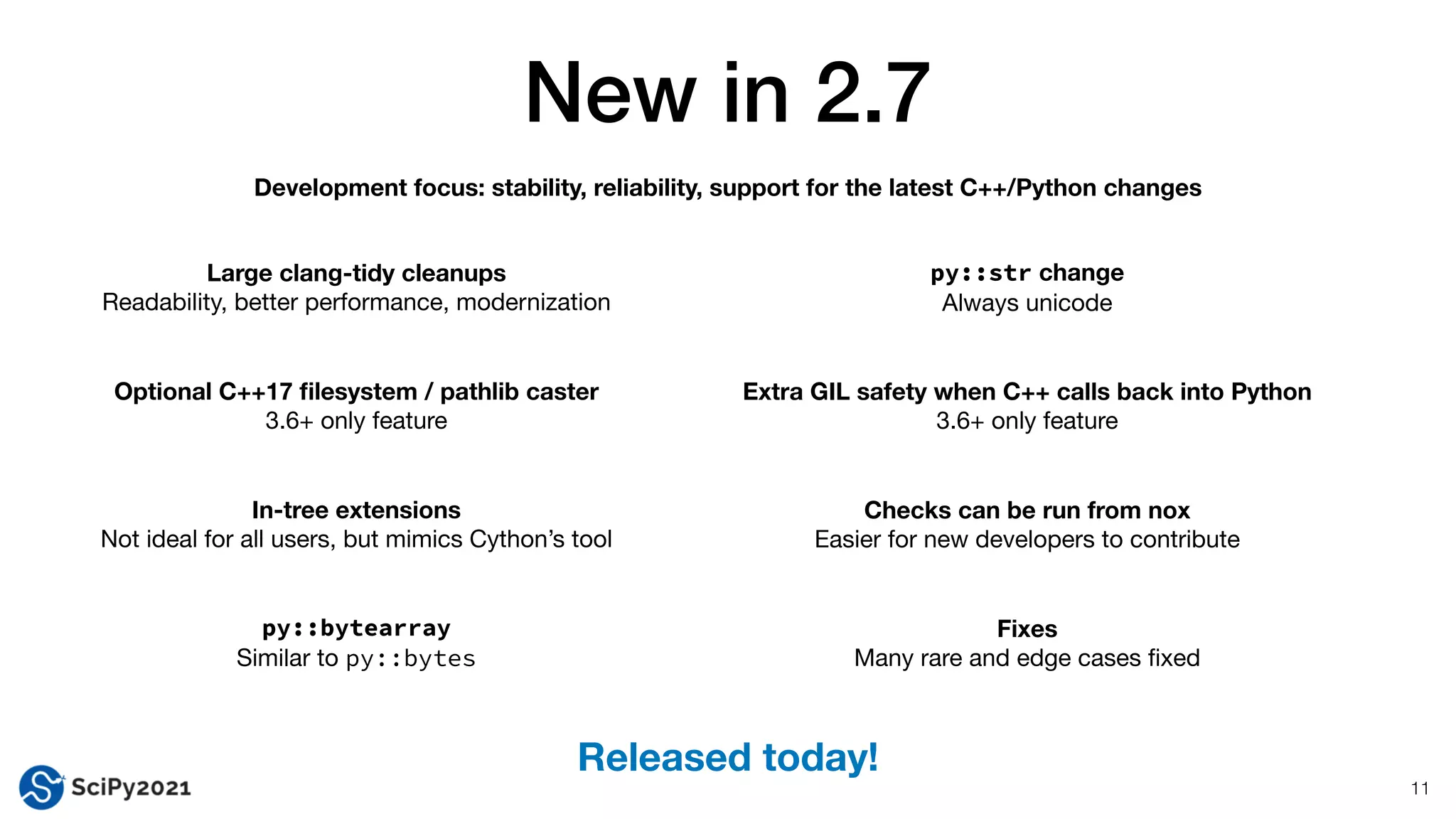New in 2.7
11
Large clang-tidy cleanups
Readability, better performance, modernization
Optional C++17
fi
lesystem / pathlib caster
3.6+ only feature
In-tree extensions
Not ideal for all users, but mimics Cython’s tool
py::bytearray


Similar to py::bytes
py::str change
Always unicode
Extra GIL safety when C++ calls back into Python
3.6+ only feature
Checks can be run from nox
Easier for new developers to contribute
Fixes
Many rare and edge cases
fi
xed
Development focus: stability, reliability, support for the latest C++/Python changes
Released today!
 
