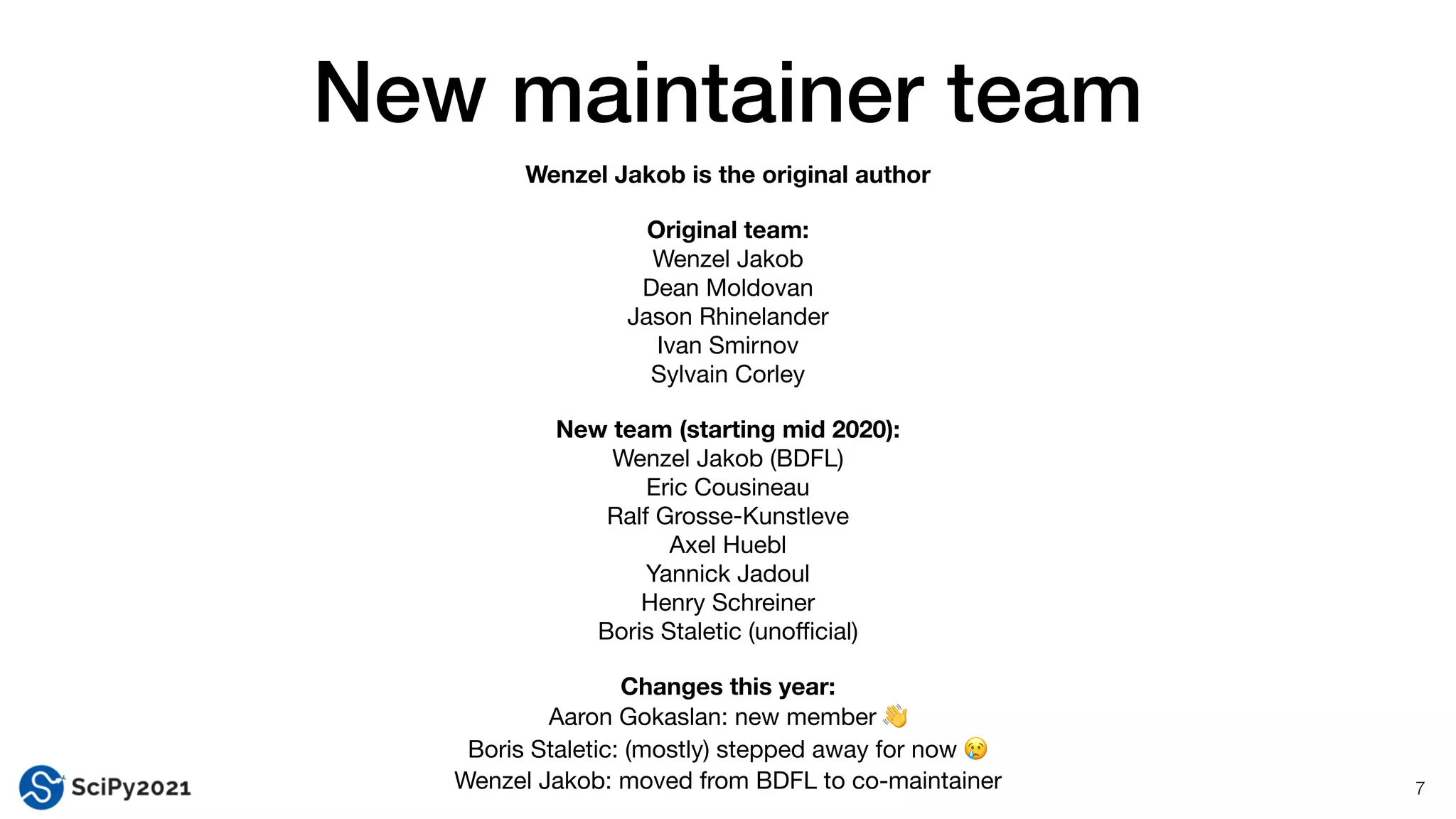 New maintainer team
7
Wenzel Jakob is the original author
Original team:
Wenzel Jakob

Dean Moldovan

Jason Rhinelander

Ivan Smirnov

Sylvain Corley
New team (starting mid 2020):
Wenzel Jakob (BDFL)

Eric Cousineau

Ralf Grosse-Kunstleve

Axel Huebl 
Yannick Jadoul 
Henry Schreiner

Boris Staletic (uno
ffi
cial)
Changes this year:
Aaron Gokaslan: new member 👋

Boris Staletic: (mostly) stepped away for now 😢

Wenzel Jakob: moved from BDFL to co-maintainer
 