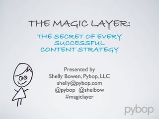 THE MAGIC LAYER:
 THE SECRET OF EVERY
     SUCCESSFUL
  CONTENT STRATEGY

          Presented by
   Shelly Bowen, Pybop, LLC
      shelly@pybop.com
     @pybop @shelbow
          #magiclayer
 