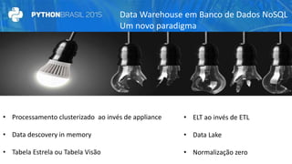Data Warehouse em Banco de Dados NoSQL
Um novo paradigma
• ELT ao invés de ETL
• Data Lake
• Normalização zero
• Processamento clusterizado ao invés de appliance
• Data descovery in memory
• Tabela Estrela ou Tabela Visão
 